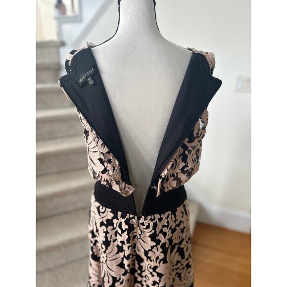 Tadashi Shoji Tan & Black Damask Lace Blouson Drop Waist Cocktail Dress - Picture 7 of 8